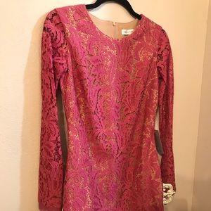 Pink and Gold Lace Overlay Mini Dress.
